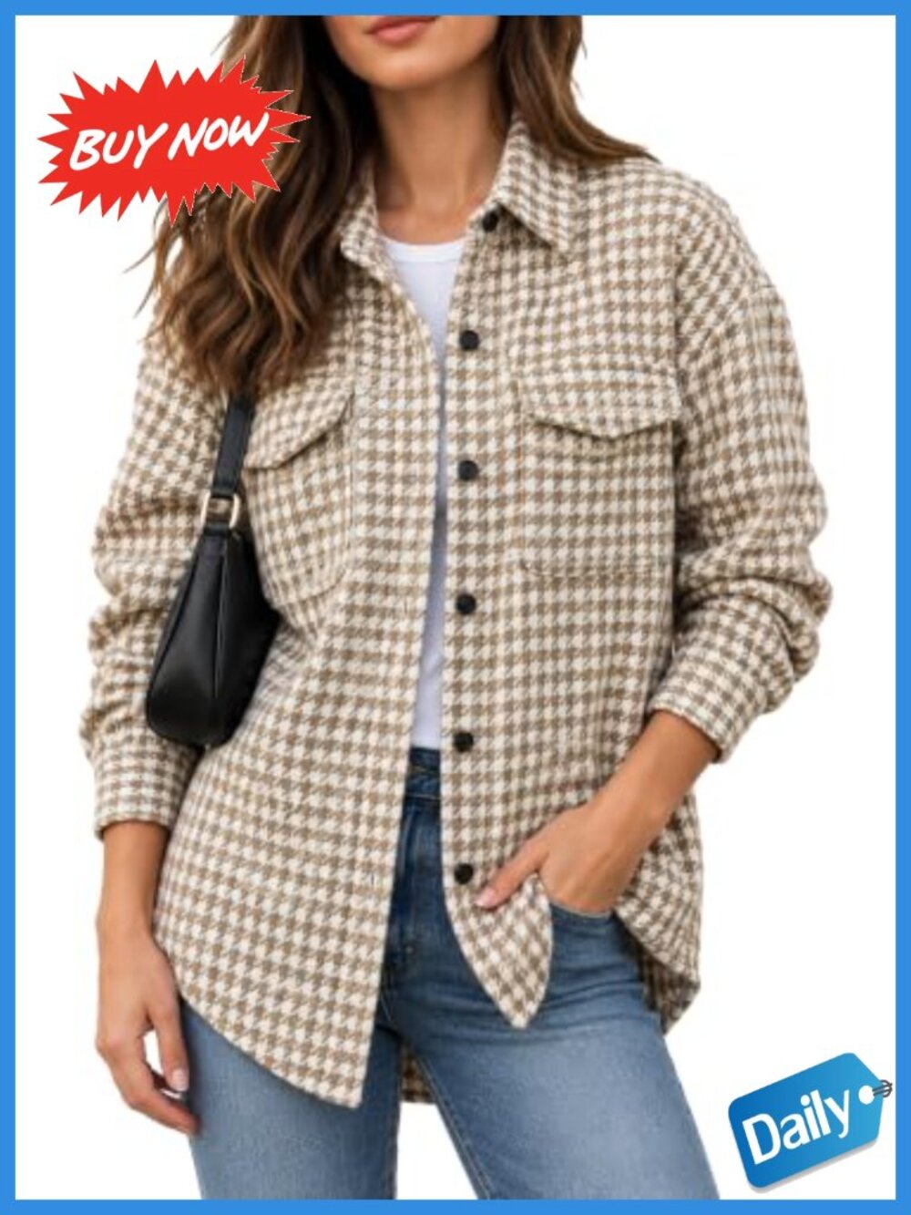 Womens Oversized Houndstooth Flannel Shacket Button Down Plaid Jacket